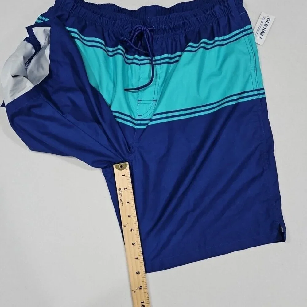 Old Navy Mens Medium Tall Blue Teal Striped‎ Swim Trunks Board Shorts Surf